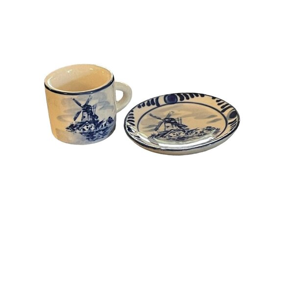 Blue & White  Mini Cup & Saucer Windmill Floral Hand Painted Elesva Holland VTG - Picture 2 of 12